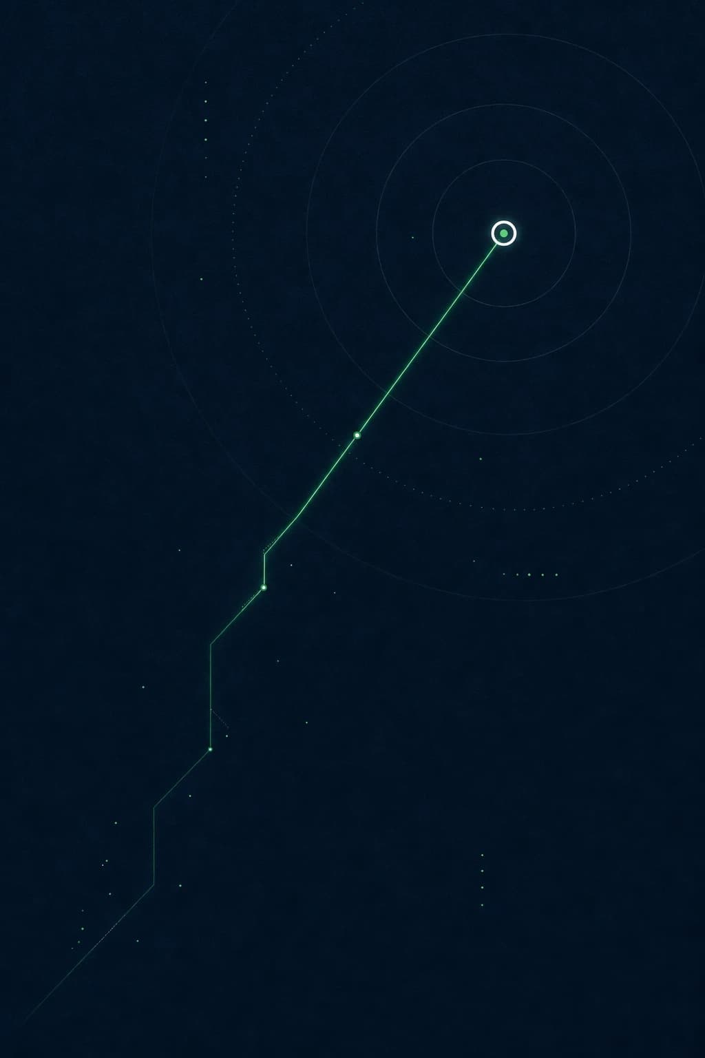 A precise green signal line moving through a dark field of workflow points
